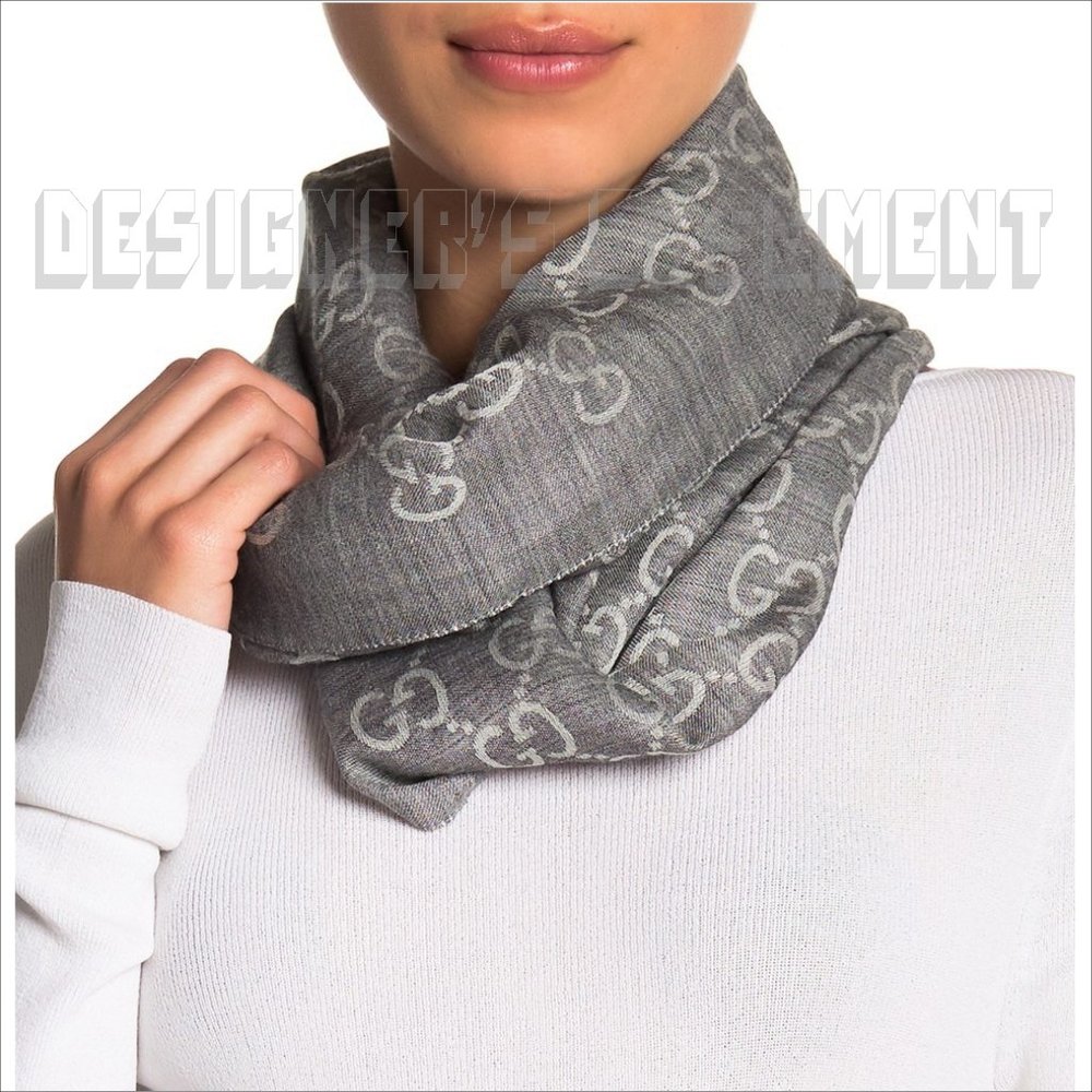 GUCCI light & Heather Gray GGNAT wool & silk 18x70" shawl Pashmina scarf NWT - Picture 4 of 10